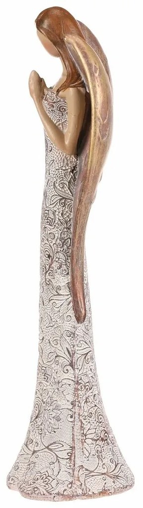 Polyresinový anjel s kvetinovými šatami, béžovo-medená