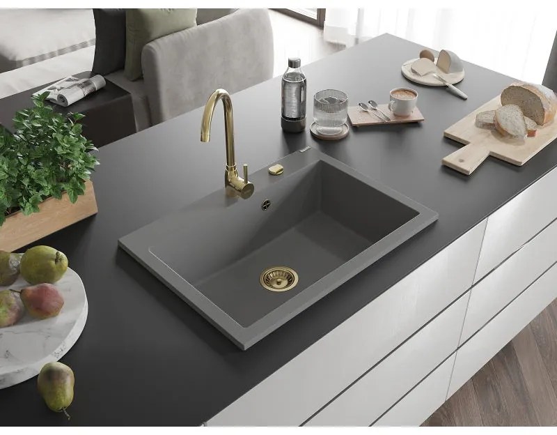 Mexen Elix, 1-korový granitový drez 700 x 500 mm, šedá, zlatý sifón, 6526701005-71-G