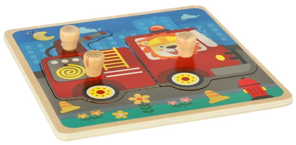 KIK Drevené puzzle Hasičský zbor pre deti – veľké dieliky s rúčkou, bezpečné