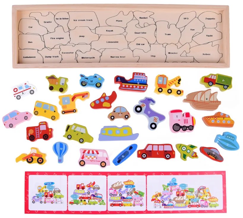 Drevené puzzle Vozidlá s písmenkami 27 dielikov Inlea4Fun
