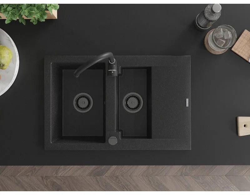 Mexen Gaspar, granitový drez 737x475x177 mm, 1,5-komorový, čierna-strieborná metalíza s čiernym sifónom, 6507731505-73-B