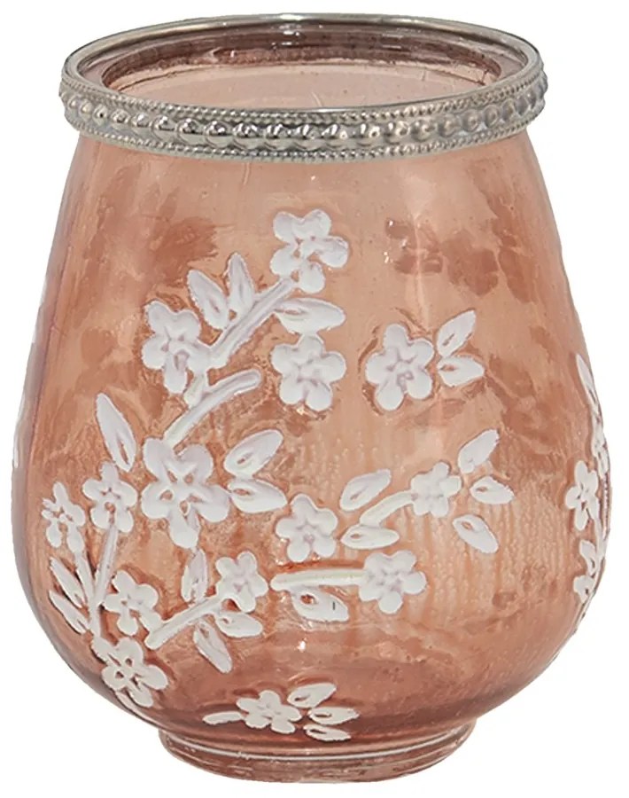 Béžovo-hnedý sklenený svietnik na čajovú sviečku s kvetmi Teane - Ø 9*10 cm
