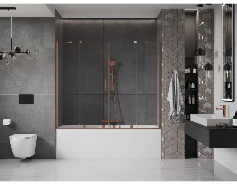 Mexen Velar Duo, 2-krídlová posuvná vaňová zástena 170 x 150 cm, 8mm číre sklo, medený matný profil, 896-170-000-02-65