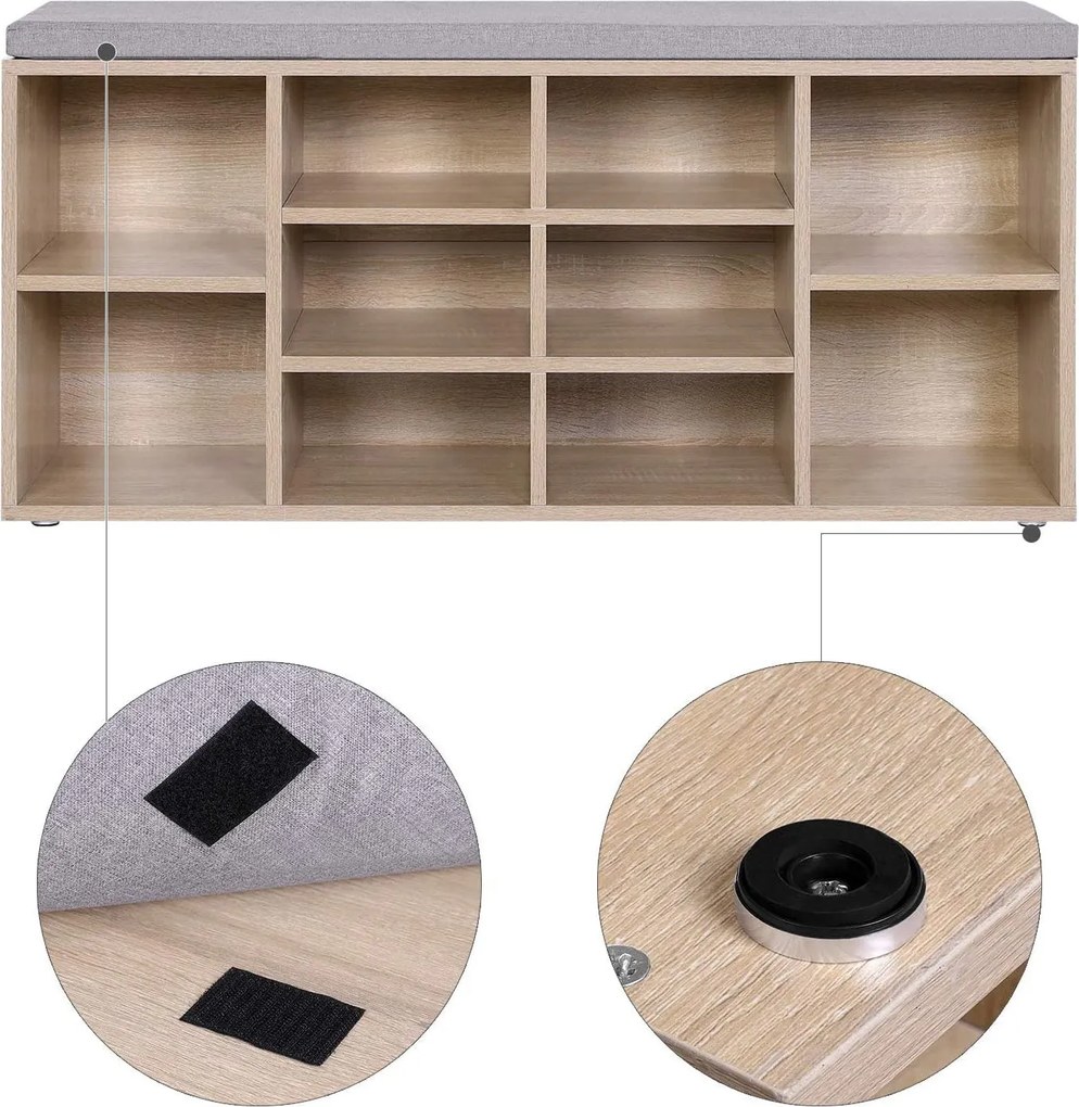 Lavica na topánky s 10 priehradkami, botník s poduškou, 104 x 30 x 48 cm, dub