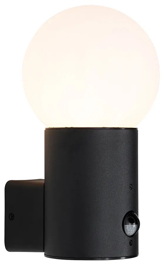 Vonkajšia nástenná lampa čierna s opálovým sklom s pohybovým senzorom - Huma