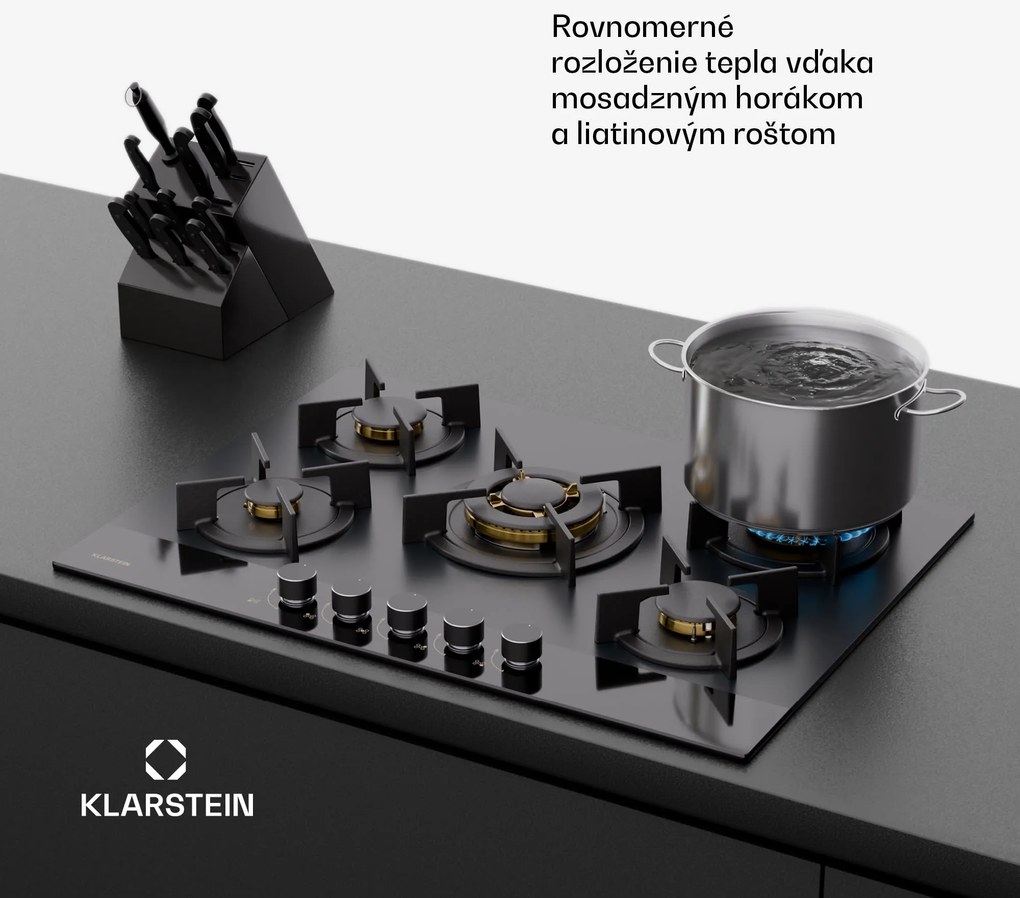 Klarstein Goldflame Nano plynová varná doska, 5 mosadzných horákov, Nano povlak, LPG/zemný plyn