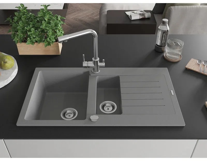 Mexen Matias, granitový drez 900x505x200 mm, 1,5-komorový a chrómová batéria Duero, šedá, 6502-71-671600-00