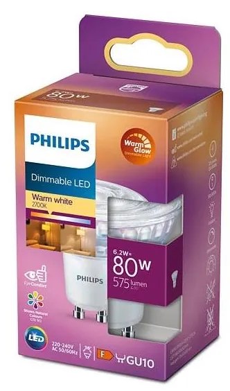 LED Stmievateľná žiarovka Philips Warm Glow GU10/6,2W/230V 2200-2700K CRI 90