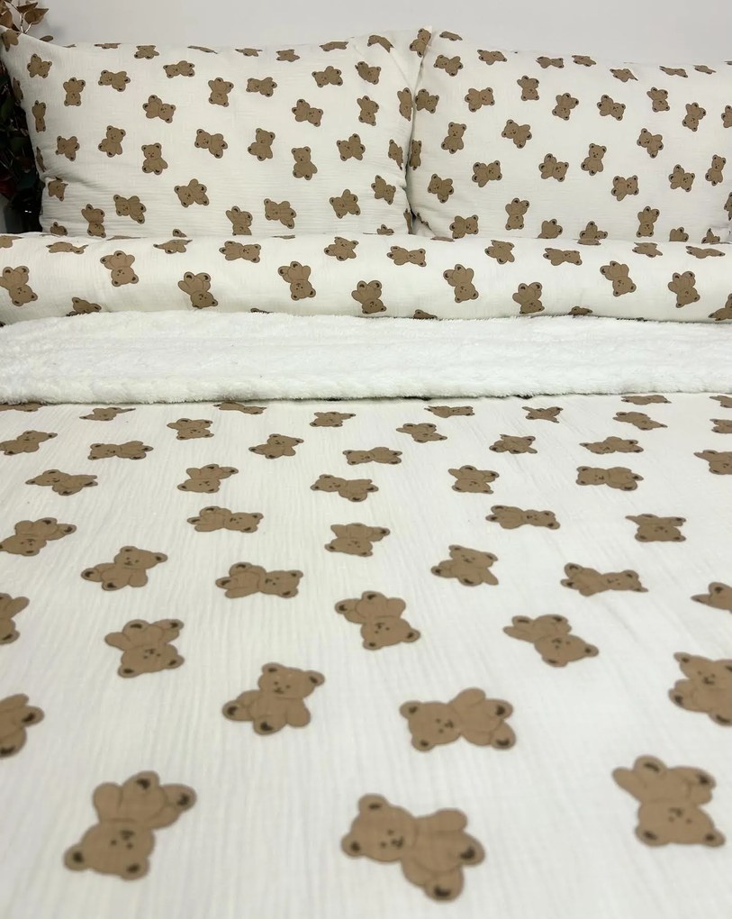 Detské mušelínové obliečky Macko 140x200 – béžové, s medvedíkmi, hrejivé, na zips