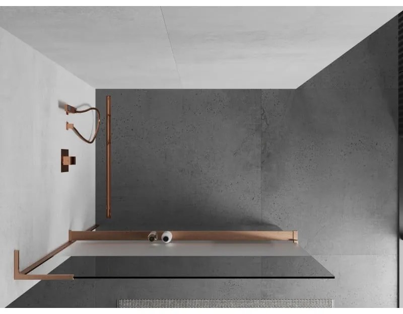 Mexen Kioto+ L, sprchová zástena Walk-In s poličkou a vešiakom 100 x 200 cm, 8mm číre sklo-námraza, medený matný profil, 800-100-123-65-35