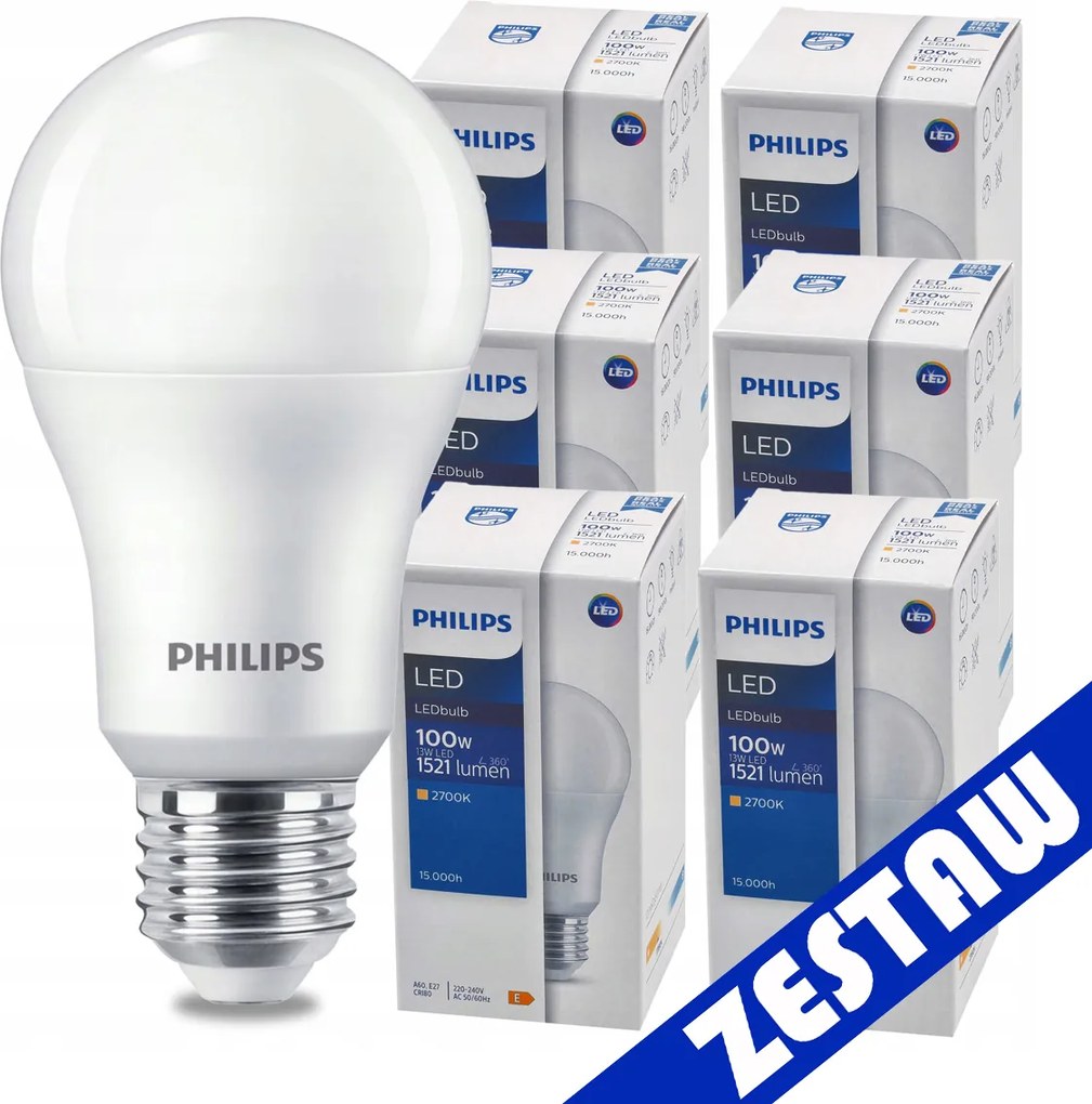 SADA 6 LED žiaroviek E27 13W = 100W PHILIPS 1521lm Teplá biela 2700k LED žiarovka A60