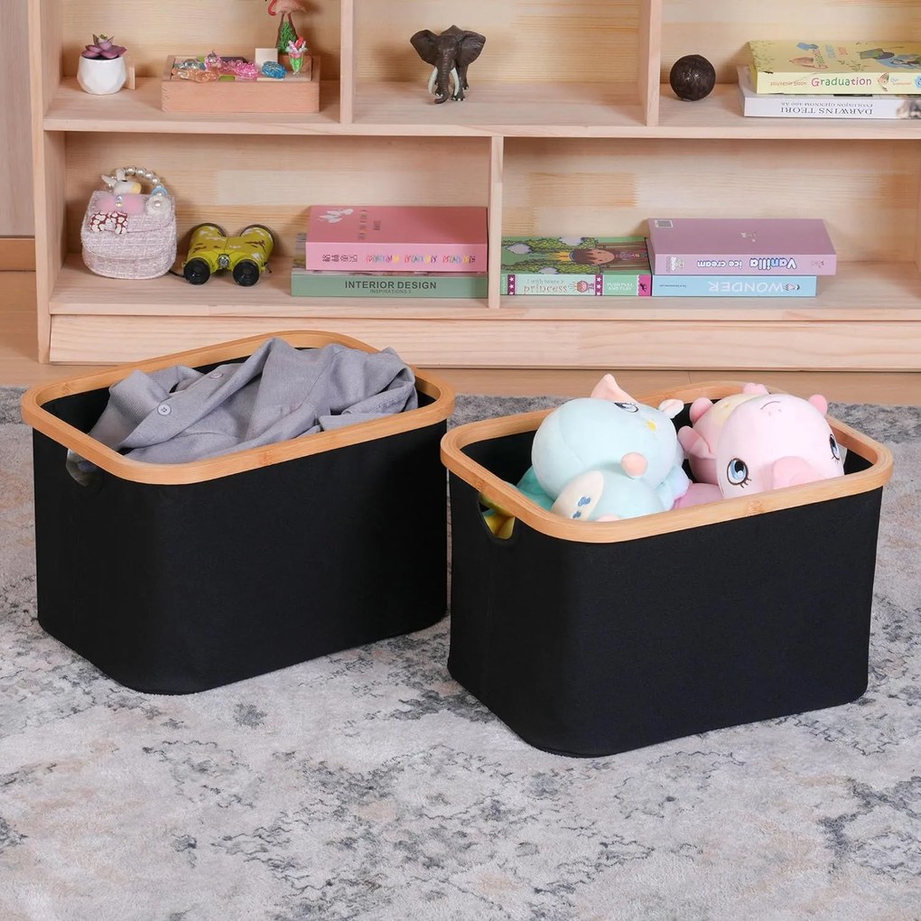 Úložný box - košík, textilný čierny s bambusovým rámom XXL, 57x37x26