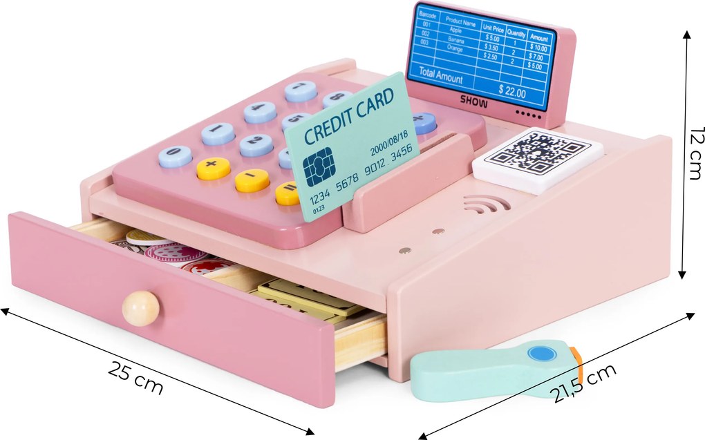 MULTISTORE Drevená pokladňa hračka pre deti so skenerom, čítačkou kariet, peniaze 3+
