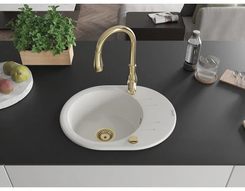 Mexen Kevin, granitový drez 586x458x190 mm, 1-komorový a drezová batéria Savita, biela, 6517-20-672601-50