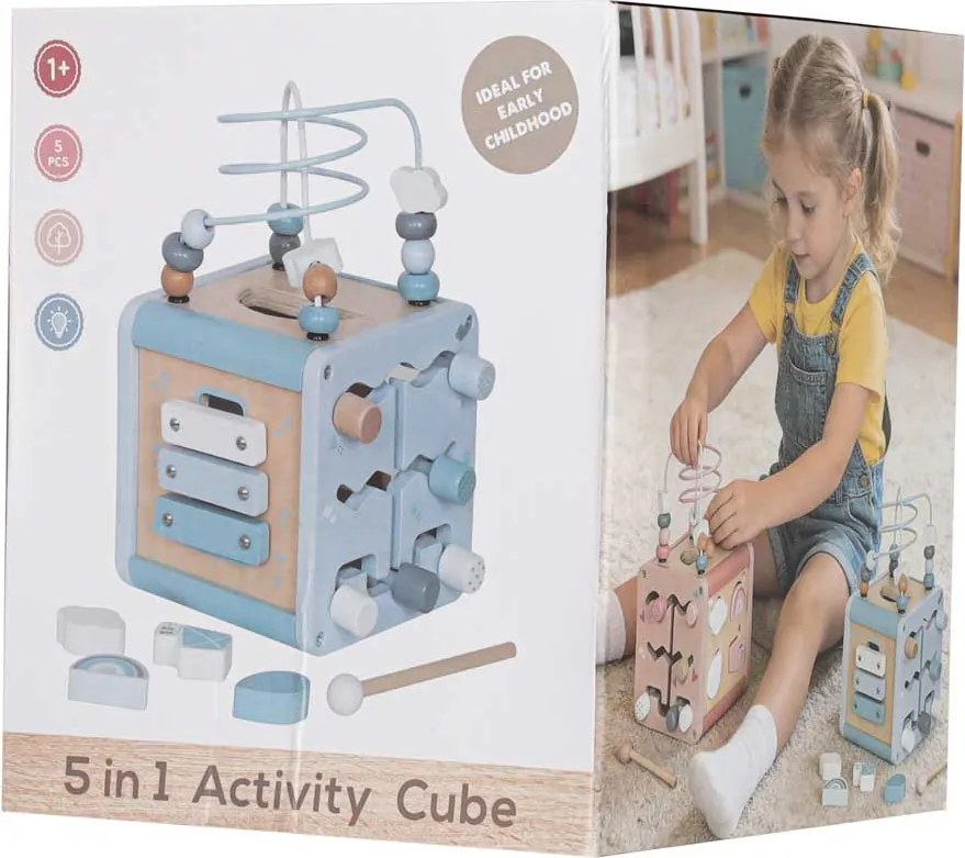 KIK Drevená edukačná manipulačná kocka 5v1, modrá