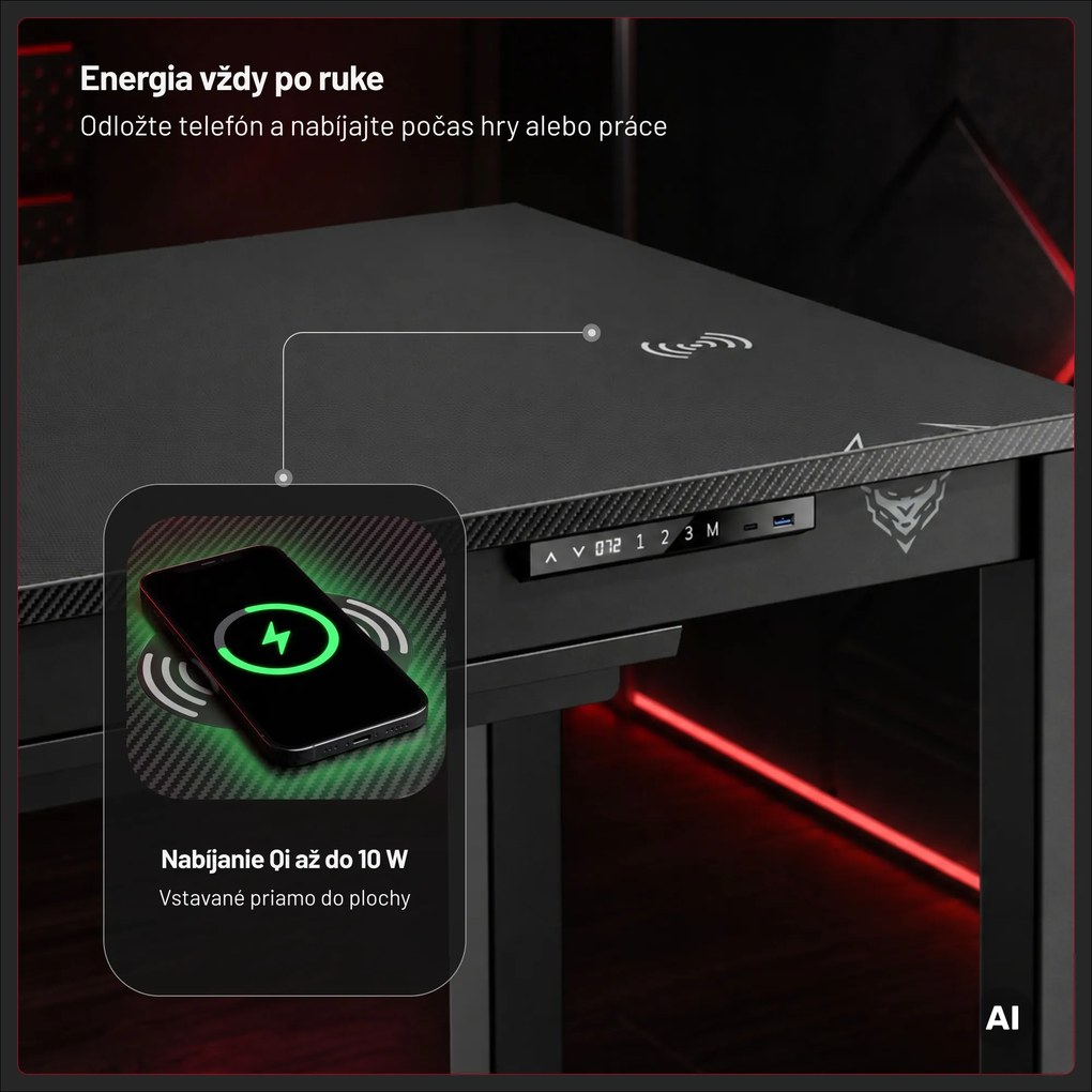 Herný stôl elektricky nastaviteľný, vstavaná bezdrôtová nabíjačka QI a USB: Diablo X-RIFT čierny
