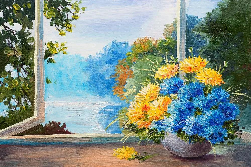 Samolepiaca tapeta maľovaný črepník s kvetmi na okne