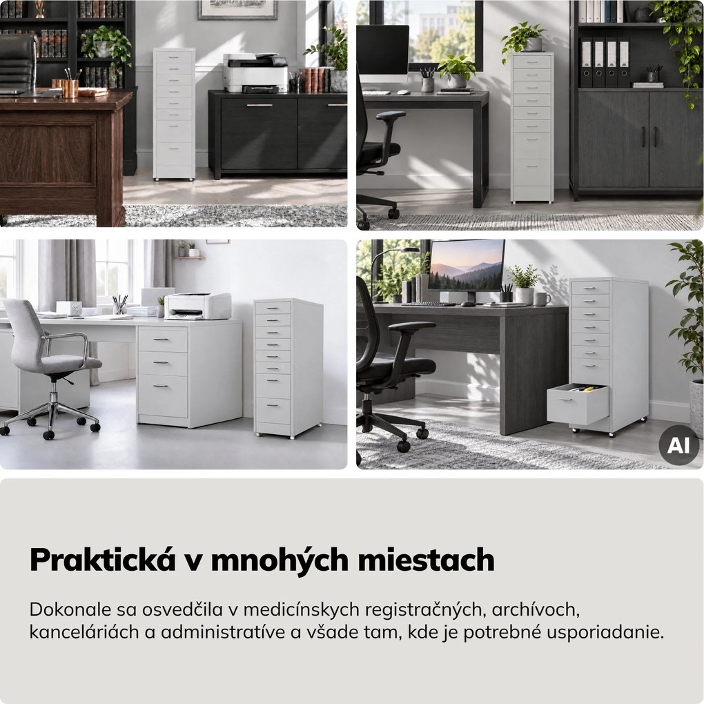 Kartotéková skrinka na kolieskach, kovová, 8 zásuviek, na dokumenty, sivá, 300x1100x600 mm: SARA V8