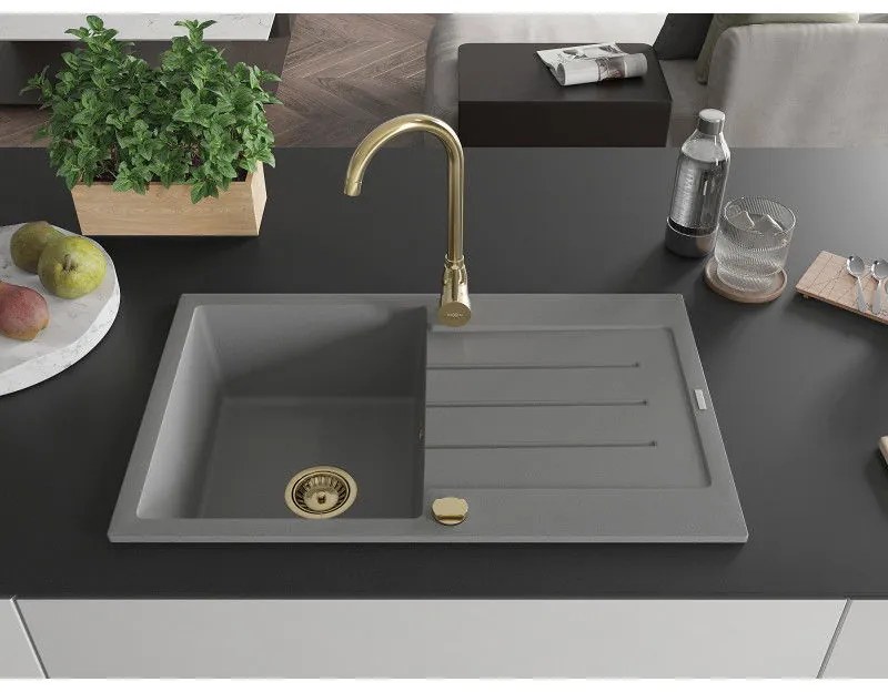 Mexen Bruno, granitový drez 795x495x200 mm, 1-komorový, šedá so zlatým sifónom, 6513791010-71-G