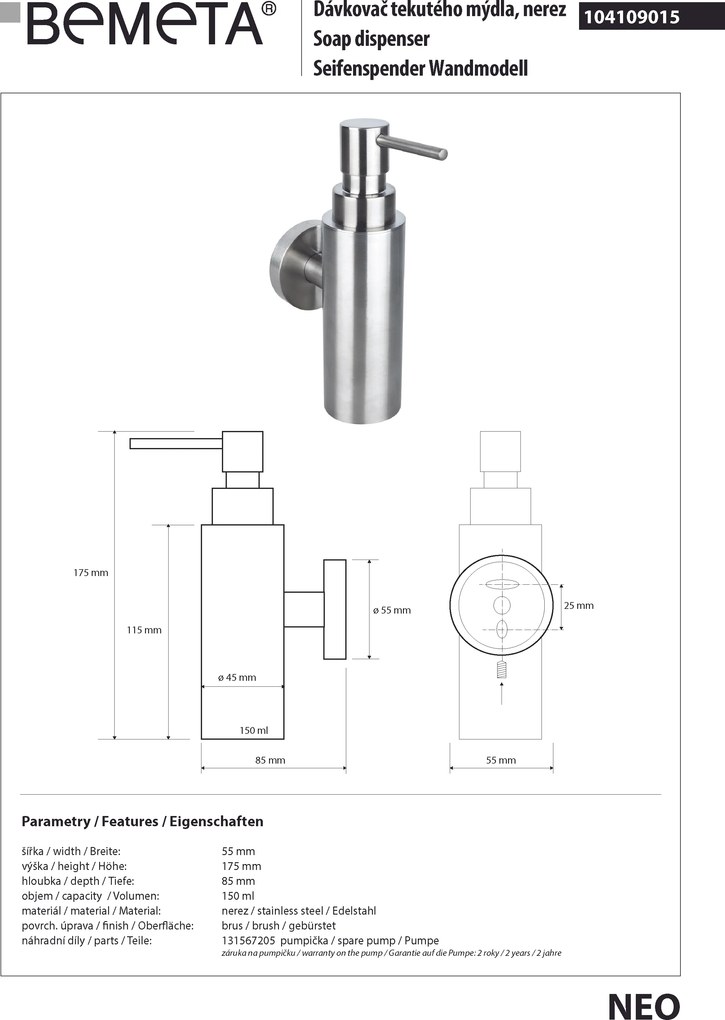 Bemeta Design NEO: Dávkovač mydla, 150 ml - 104109015