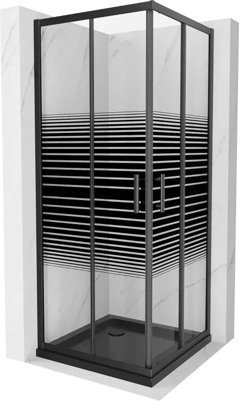 Mexen Rio, štvorcový sprchovací kút s posuvnými dverami 80(dvere) x 80(dvere) x 190 cm, 6mm číre sklo s pásikmi, čierny profil + čierna sprchová vanička SLIM, 860-080-080-70-20-4070B