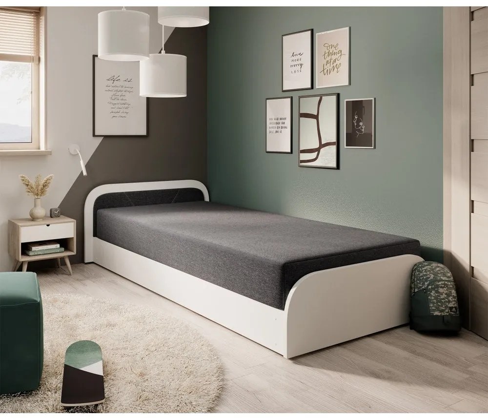 Biela/tmavosivá čalúnená/z drevotriesky jednolôžková posteľ s úložným priestorom s matracom 80x190 cm Parys – ELTAP