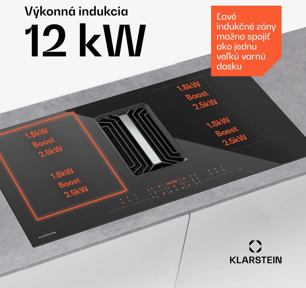 Klarstein AirJet Hybrid Down Air System, Indukčná varná doska s integrovaným digestorom, 600 m³/h, EEK A++