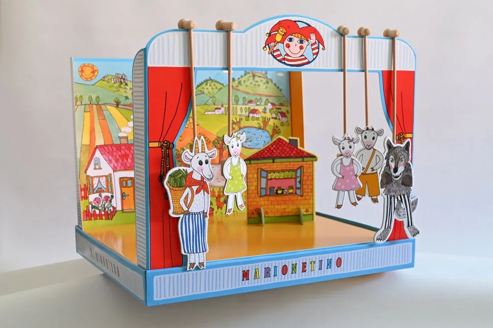 MARIONETINO Bábkové divadlo so zvieratkami – prasiatka a kozliatka (kompletný set, 15 bábok)
