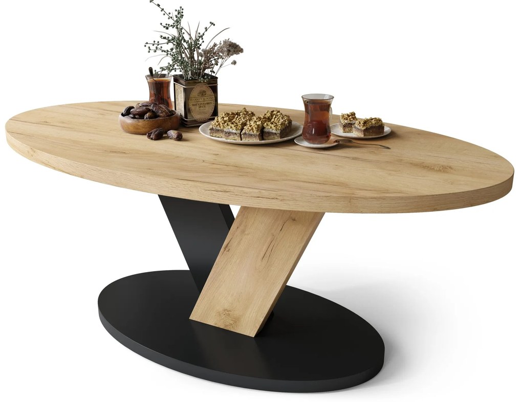 LOVA Craft Zlatý dub/Čierny - OVÁLNY KONFERENČNÝ STOLÍK 110 × 60 cm MODERNÝ KÁVOVÝ STOLÍK