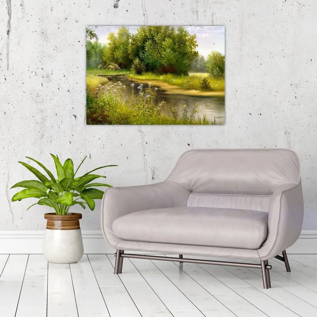 Sklenený obraz - Rieka pri lese, olejomaľba (70x50 cm)
