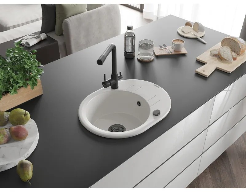 Mexen Kevin, drez granitový 586x458x190 mm, 1-komorový a čierna Duero batéria, biela, 6517-20-671600-70