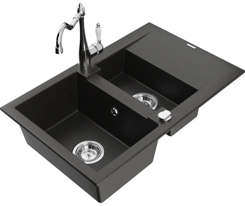 Mexen Gaspar, granitový drez 752x436x161 mm, 1,5-komorový a drezová batéria Carla, čierna-zlatá metalíza, 6507-75-670700-00