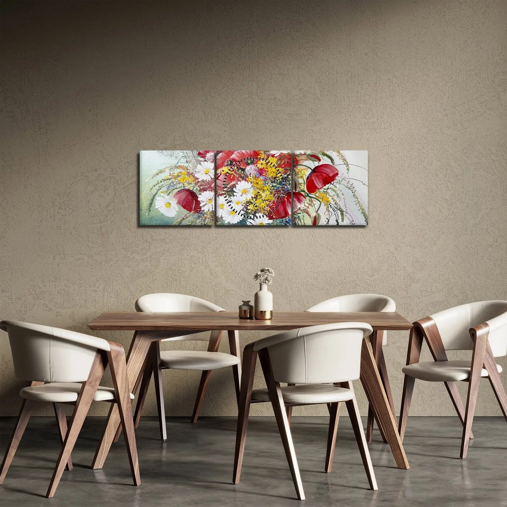Obraz vázy s divokými kvetmi (s hodinami) (90x30 cm)