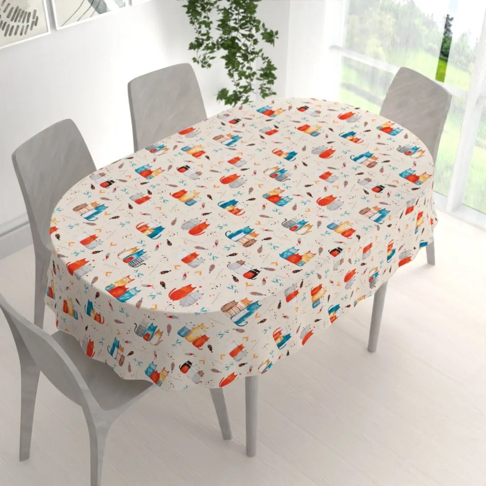 Biante Detský bavlnený oválny obrus Sandra SA-655 Mačací svet modro-červený na krémovom 50x100 cm