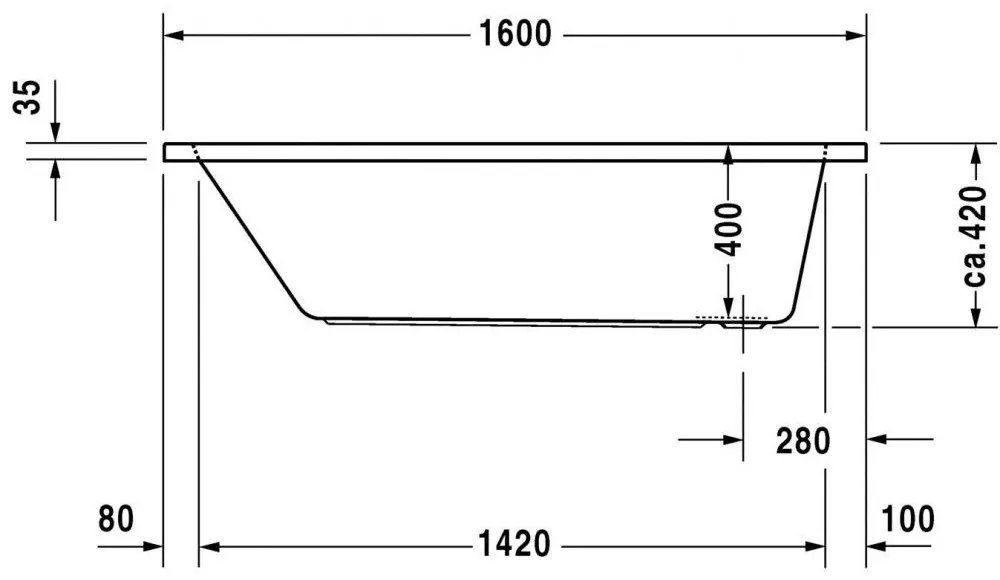 DURAVIT D-Code akrylátová pravouhlá vaňa s odtokom zboku, 1600 x 700 mm, 700096000000000