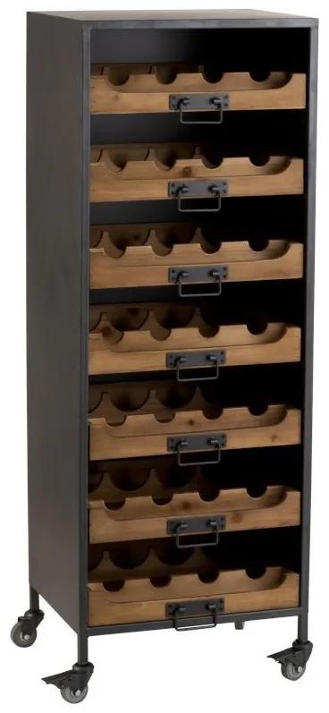 Čierna kovová skriňa s drevenými šuplíky na fľaše vína Vine - 43,5 * 35 * 120 cm