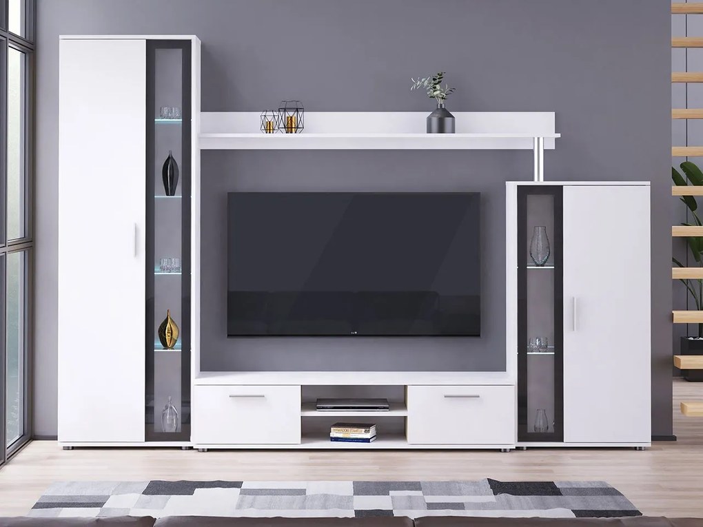Obývacia stena Osaka, Osvetlenie: osvetlenie LED biele, Farby: country oak grey + čierna