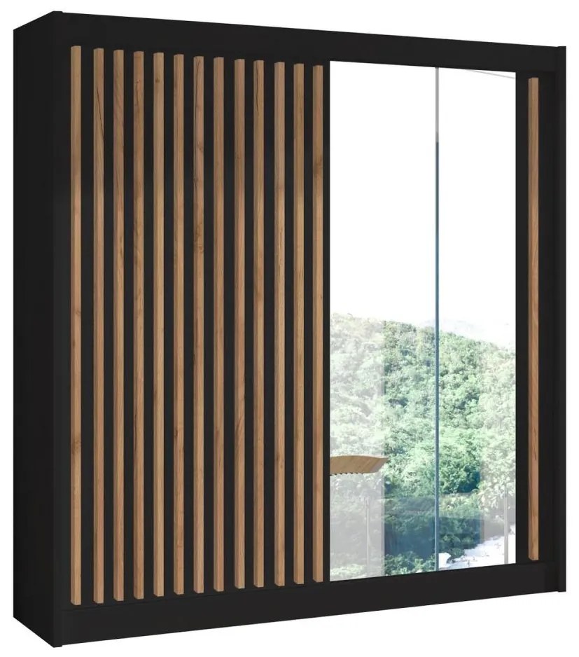 Šatníková skriňa so zrkadlom SANTINO 203x215 cm čierna/dub craft
