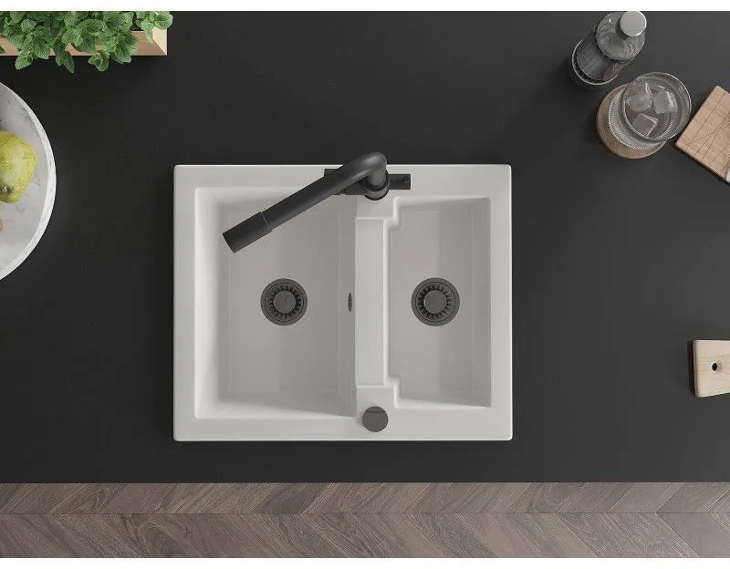 Mexen Carlos, 1,5-komorový granitový drez 582x475x177 mm a drezová batéria Duero, biela, 6518-20-671600-70