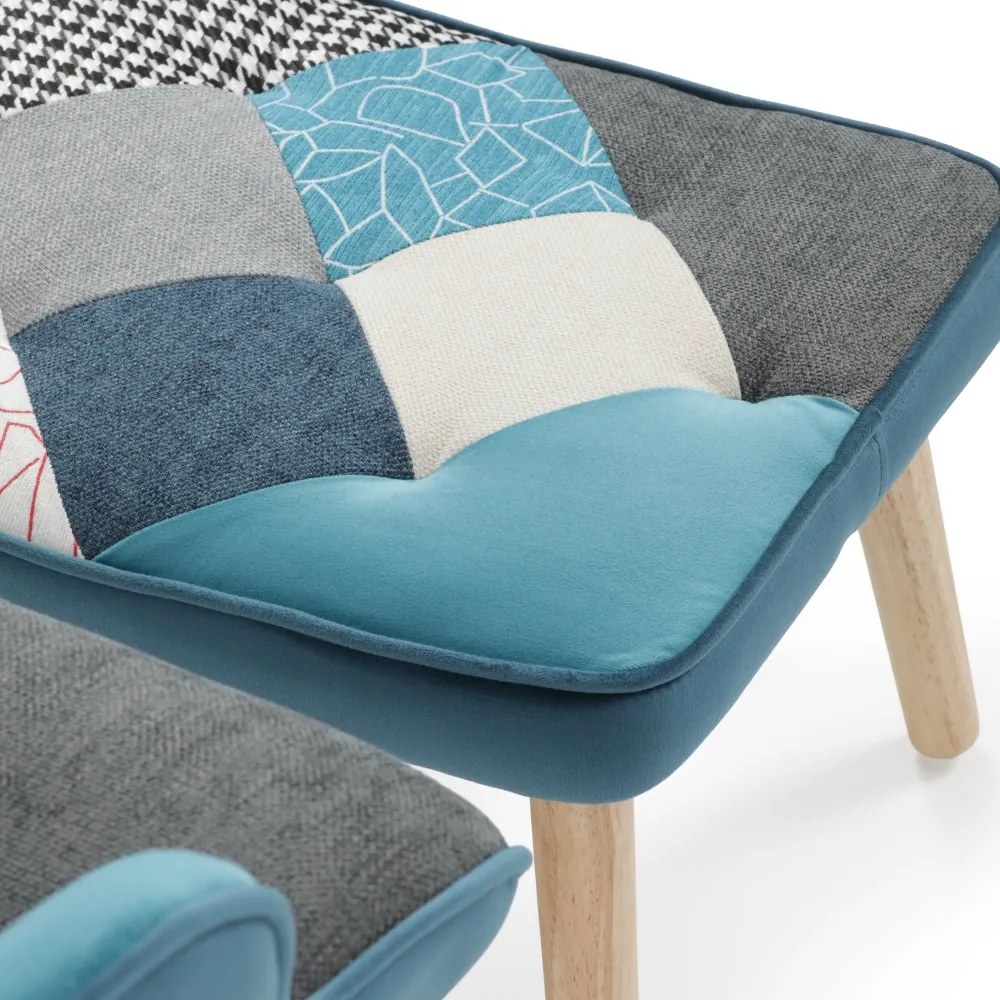 Relaxačné kreslo ušiak LISA + taburet — masív, látka, modrý patchwork