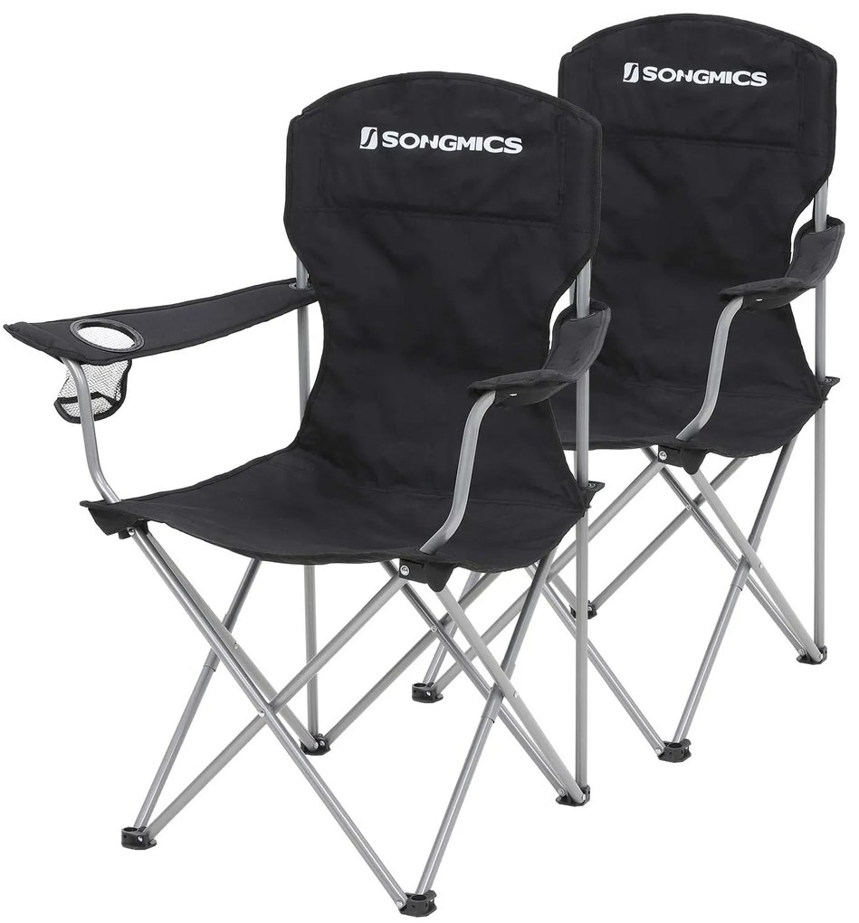 Skladacia kempingová stolička, 2-dielna súprava s držiakom na pohár, čierna