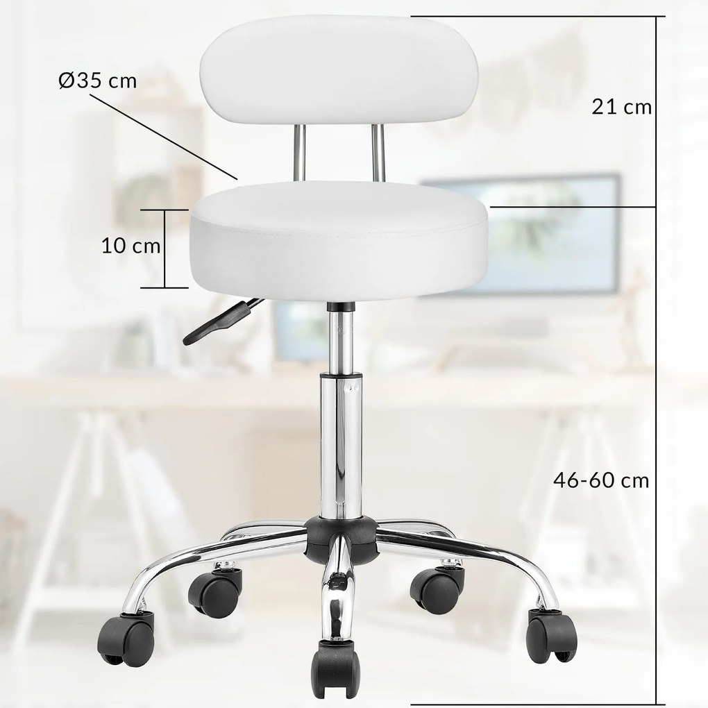Taburetka na kolieskach s operadlom ROLAND, Ø35cm, biela Casaria