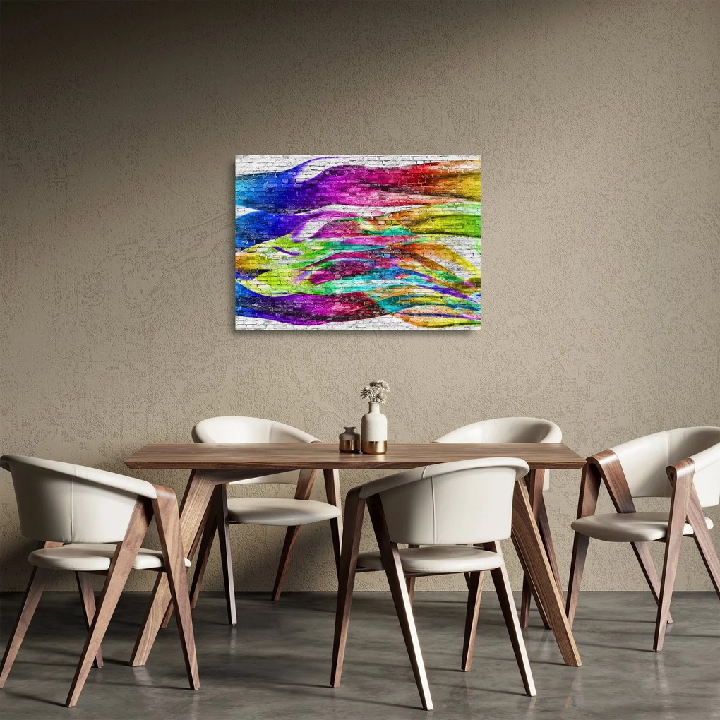 Sklenený obraz - Tehlový múr s farebnými plameňmi (70x50 cm)