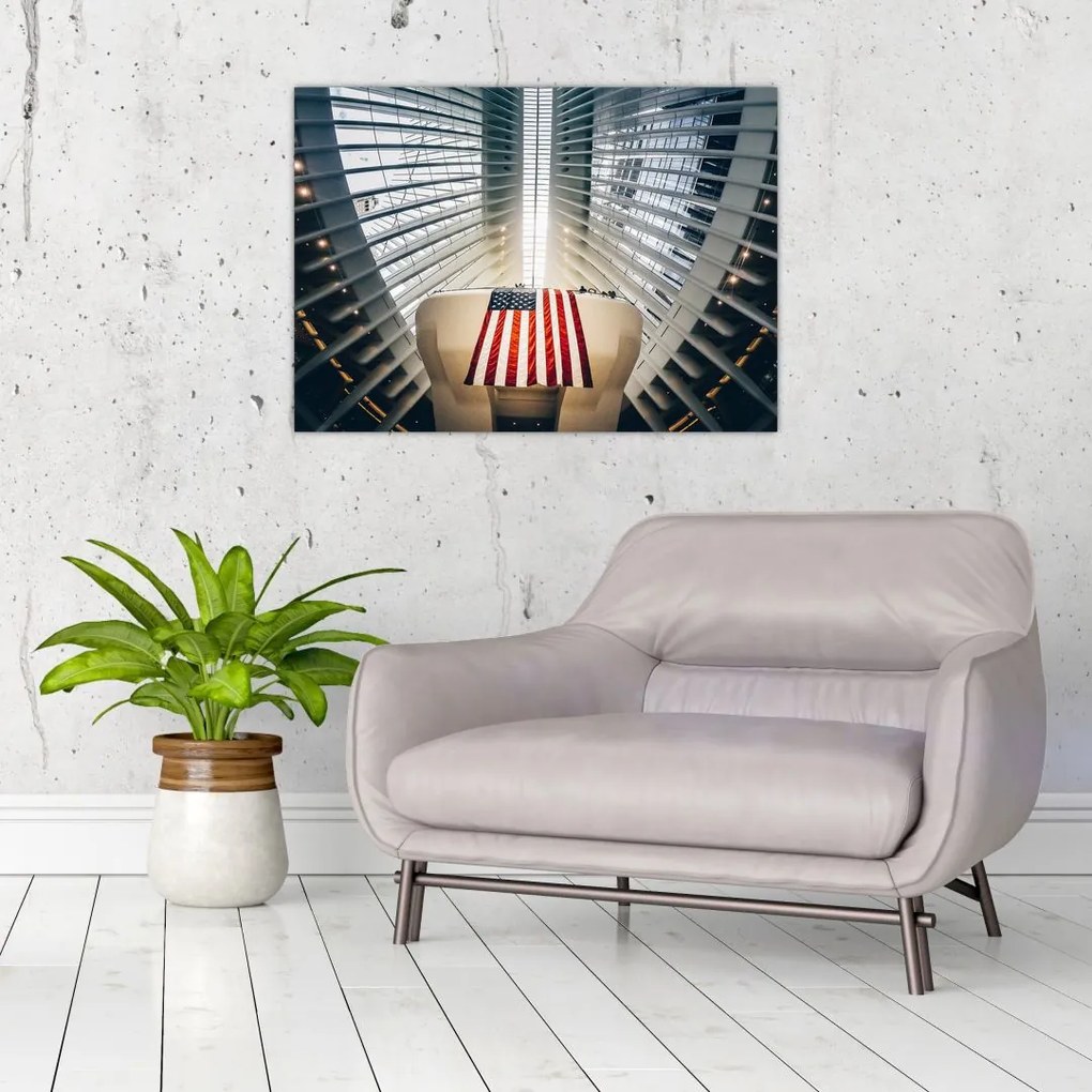 Sklenený obraz stavby s vlajkou USA (70x50 cm)