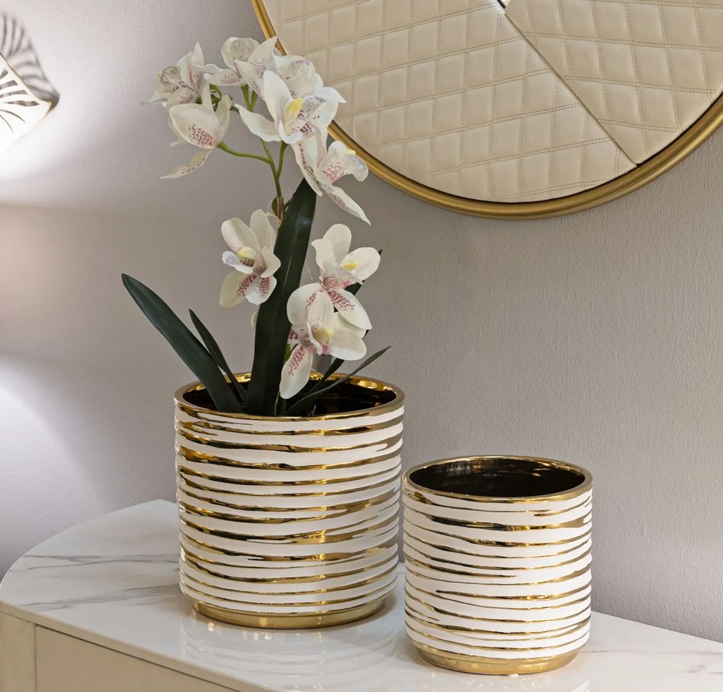 Sada 2 ks keramických obalů na květináče Blom bílo-zlatá