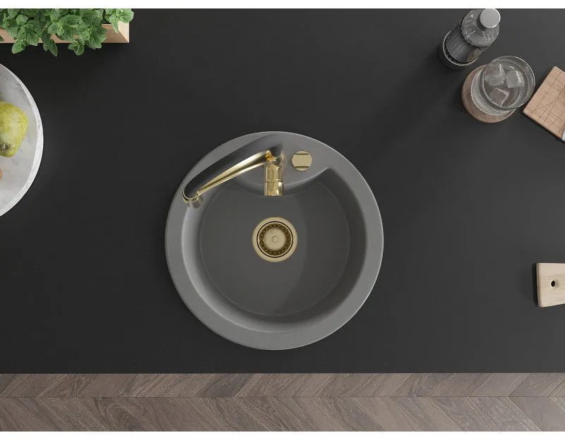 Mexen Diego, 1-komorový granitový drez 488x488x167 mm a drezová batéria Aster, šedá, 6512-71-73450-57-G