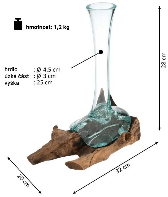 Fúkaná sklenená váza na teakovom dreve, 25 cm