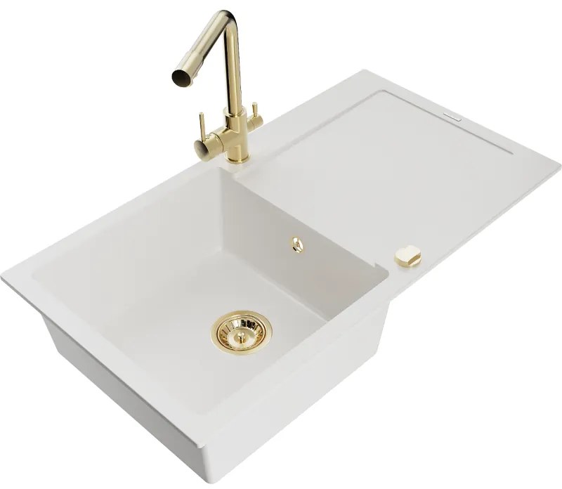 Mexen Leo, drez granitový 900x500x190 mm, 1-komorový a zlatá batéria Duero, biela, 6501-20-671600-50