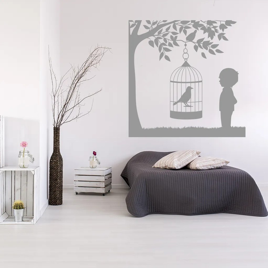 Veselá Stena Samolepka Vtáčik v klietke na strome Farba: čierna, Veľkosť: 40 x 40 cm