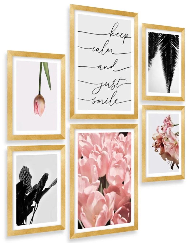 Gario Sada plagátov Rastlinná abstrakcia - 6 dielna Farba rámu: Zlatá, Rozmery: 85 x 92 cm